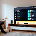 **A person using hand gestures to control smart home devices like TV, lights, and music system in a cozy living room.** (Focus on the smart home application of gesture recognition)