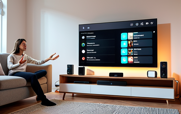 **A person using hand gestures to control smart home devices like TV, lights, and music system in a cozy living room.** (Focus on the smart home application of gesture recognition)