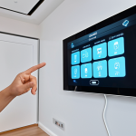 **Smart Home Control:** A person gesturing to control smart home devices (lights, thermostat, TV) without touching them. Futuristic, clean, and modern setting.
