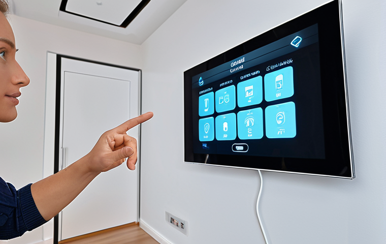 **Smart Home Control:** A person gesturing to control smart home devices (lights, thermostat, TV) without touching them. Futuristic, clean, and modern setting.