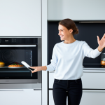 A young adult, fully clothed in modest, modern casual wear, stands in a brightly lit, clean, and futuristic smart kitchen. Their right hand is gently waving towards a sleek, integrated smart oven display, demonstrating effortless gesture control. The scene highlights convenience and innovation in daily life. Professional photography, high resolution, soft ambient lighting, perfect anatomy, correct proportions, natural pose, well-formed hands, proper finger count, natural body proportions, safe for work, appropriate content, fully clothed, family-friendly.