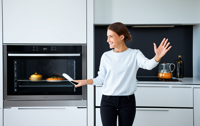 A young adult, fully clothed in modest, modern casual wear, stands in a brightly lit, clean, and futuristic smart kitchen. Their right hand is gently waving towards a sleek, integrated smart oven display, demonstrating effortless gesture control. The scene highlights convenience and innovation in daily life. Professional photography, high resolution, soft ambient lighting, perfect anatomy, correct proportions, natural pose, well-formed hands, proper finger count, natural body proportions, safe for work, appropriate content, fully clothed, family-friendly.